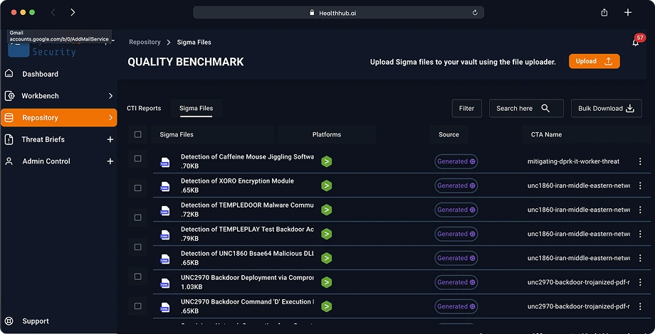 System Two Security dashboard showcasing a cybersecurity repository interface with Sigma threat detection files and threat intelligence management tools.