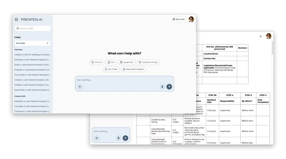Screenshot of the Prenten AI interface featuring chat-based workflow and technical documentation tools