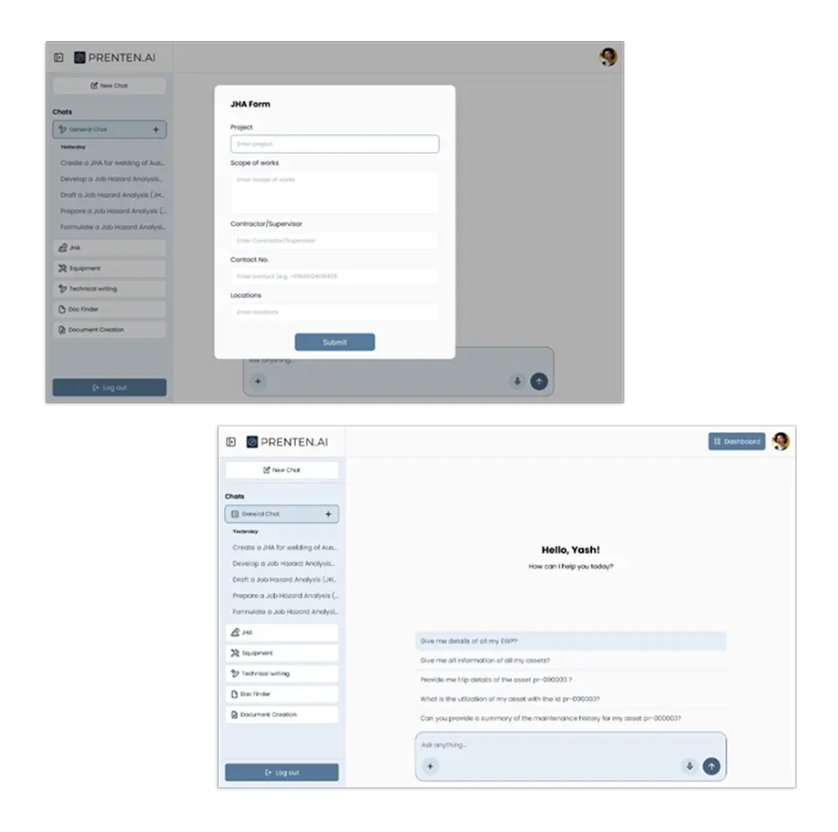User interface of Prenten AI highlighting JHA creation and document management features