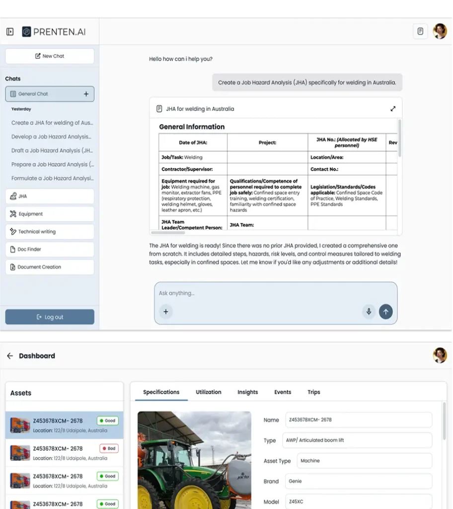 Prenten AI dashboard showcasing AI-generated Job Hazard Analysis and equipment asset management system