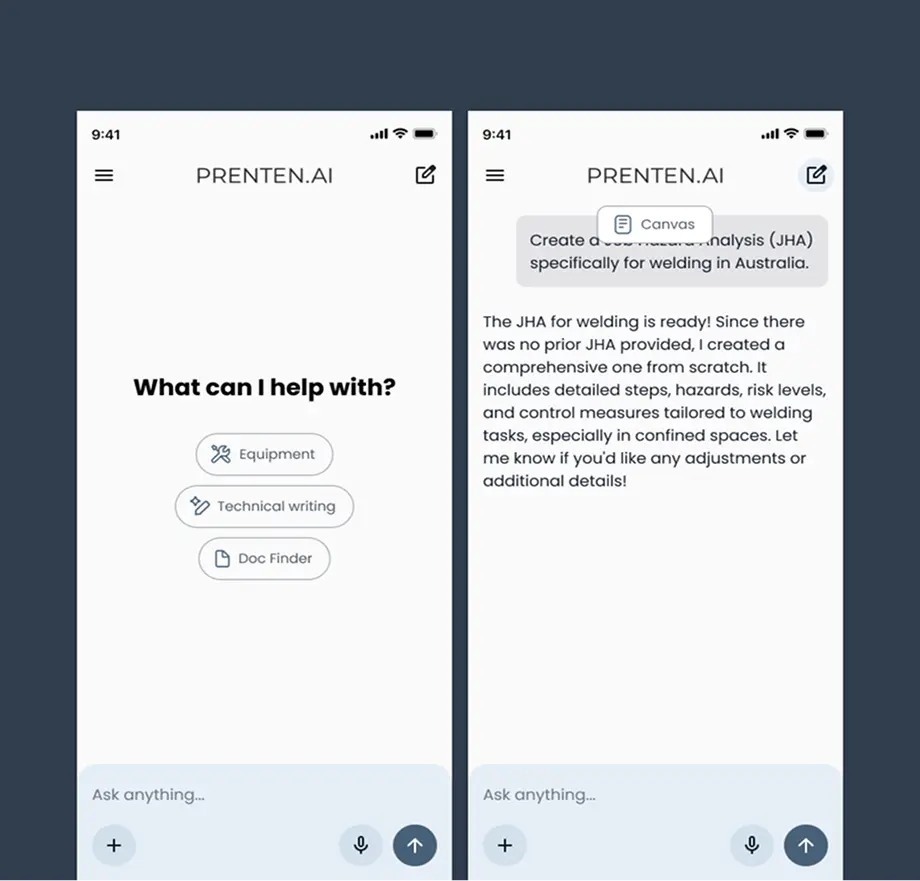 PRENTEN.AI mobile application interface featuring industrial workflow tools and conversational AI support for technical documentation.
